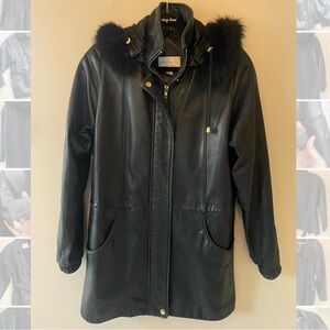 Worthington Black Leather Jacket with Fur Trim